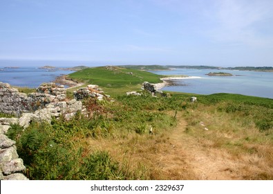 Landscape Of The Ruins Of Old Cottages And The Deserted Island Of Samson, Isles Of Scilly.