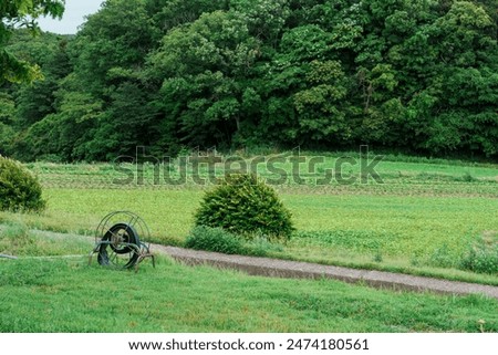 A landscape with a rural farm road, farm and farming tools visible