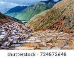 Landscape of the salt terraces of Maras ( Salineras de Maras) in the Andes mountain range in the region of Cusco, Peru, Sacred Valley