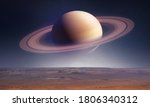 Landscape with saturn planet in sky with stars. Fantasy space wallpaper with planet over the land. Sci-fi. Elements of this image furnished by NASA