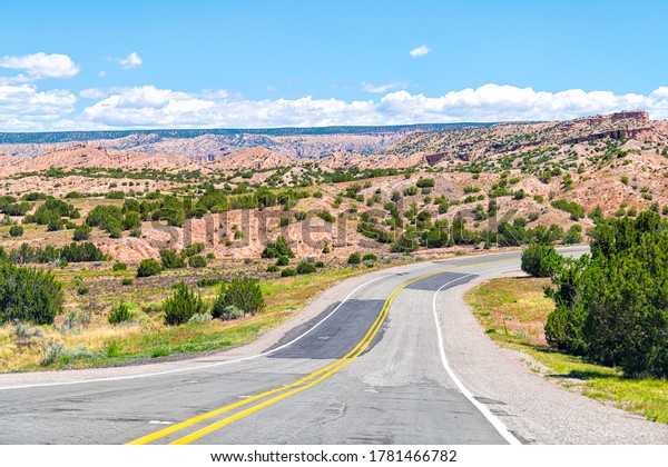 Landscape scenic drive from car point of view\
during summer from High Road to Taos famous trip near Chimayo and\
Santa Fe in New\
Mexico