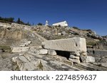 Landscape with scenic view of the classical Telesterion ancient remains worship place of the Eleusinian mysteries at the Archaeological site of Eleusis in Attica, Greece. 