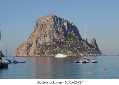 Landscape sea view of the mysterious island of Es Vedra from Cala d Hort. Ibiza, Balearic Islands, Spain