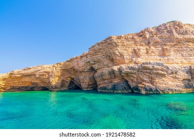 Landscape and seascape in Lipsi (Leipsoi) island in Dodecanese, Greece. Blue green sea waters and beautiful rocks in Lipsi island.