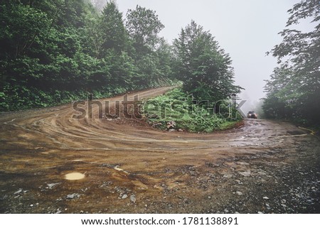 Landscape of serpentine dirt road in forest during rainy foggy weather