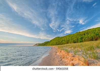 Landscape Of The Shoreline Of Lake Michigan With Beautiful Clouds Near Sunset, Sleeping Bear Dunes National Lakeshore, Michigan, USA