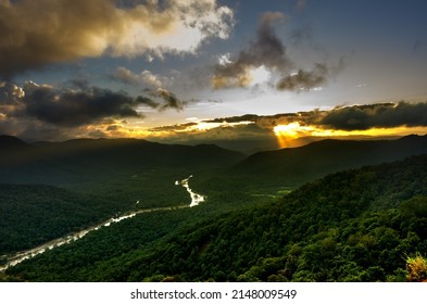 Landscape Shot Of Beautiful Green Western Ghats Of Karnataka With Marvelous Dramatic Sky.