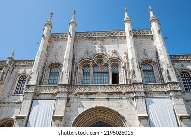 Landscape Shot Of Jerónimos Monastery In Belém, Lisbon. Beautiful, Blue Skies In The Background. 