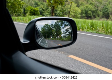 Landscape In The Sideview Mirror Of A Car, On Road Countryside, Natural