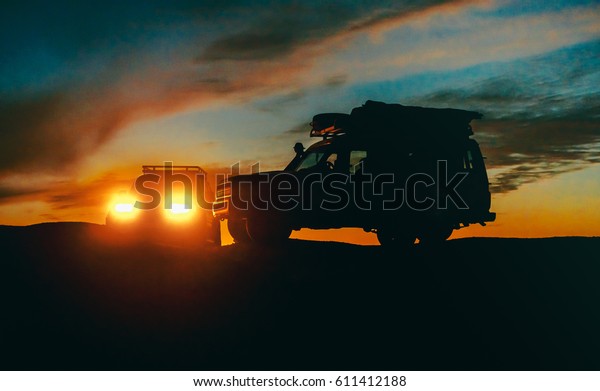 Landscape Silhouettes Two Offroad Cars Sunset Stock Photo (edit Now 