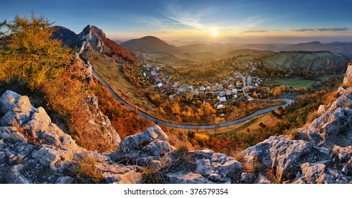 Landscape Of Slovakia Autumn Panorama At Sunrise