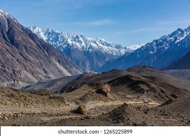 Landscape of snow capped mountain range. A view from the glacier, Babusar Pass, Khyber Pakhtunkhwa, Gilgit Baltistan, Northern Pakistan.