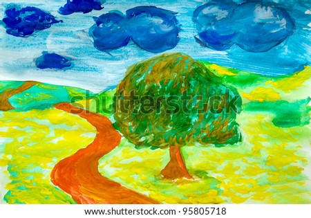 landscape style of Van Gogh watercolor road through field on left green tree and clouds background