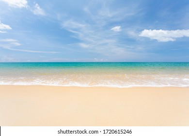 Landscape Summer Beach Background, With The Sunny Sky At The Sea In Phuket, Thailand. Beautiful Scene Of Blue Sky And Clouds On A Sunny Day. Empty Holiday Sea Where The Horizon Can See Clearly.