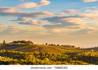 Landscape At Sunset In Autumn. Chianti Wine Region, Italy.