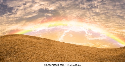 Landscape Of Sunset, Dry Grass Hill And Rainbow In Autumn