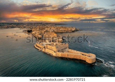 Landscape with Syracuse at sunset, Sicily islands, Italy