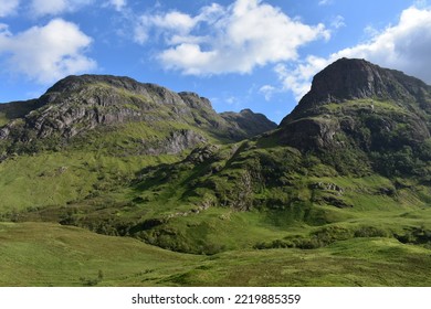 Landscape Of The Three Sisters In Glencoe In Summer Time.Scenic And Beautiful Places In The Scottish Highlands