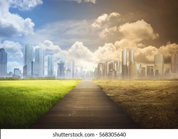 Landscape Of Timber Pathway With The Changing Environment In The Modern City