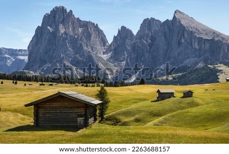 Landscape with a traditional wooden huts on Alpe di Siusi (Seiser Alm) with Sassolungo (Langkofel) in the background. Breathtaking scenic panoramic view of vibrant green rolling hills. Dolomites.