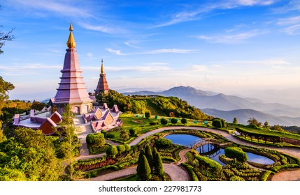Landscape of two pagoda on the top of Inthanon mountain, Chiang Mai, Thailand.  - Shutterstock ID 227981773