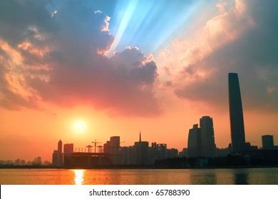 Landscape of urban sunset by the Zhujiang River in Guangzhou city, Guangdong province of China - Shutterstock ID 65788390