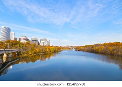 Landscape Of US Capital City In Autumn. A View On Georgetown And Arlington Neighborhoods Divided By Potomac River, Washington DC, USA.