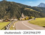 Landscape of Val Badia with Castel Tor in San Martino in Badia, province of Bolzano, South Tyrol, Italy