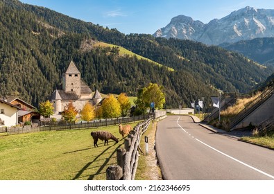 Landscape of Val Badia with Castel Tor in San Martino in Badia, province of Bolzano, South Tyrol, Italy