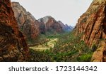 Landscape with valley and steep rocks at Zion National Park from famous viewpoint at Angel