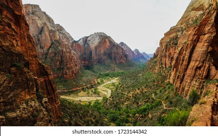 Landscape With Valley And Steep Rocks At Zion National Park From Famous Viewpoint At Angel's Landing Hike, Panorama