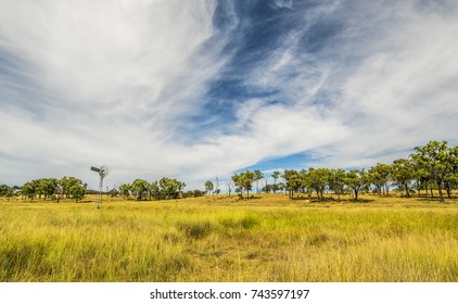 Landscape View Of An Australian Cattle Property In South East Queensland. The Grass Pasture  Sweeps Up Gently Towards The Wooded Horizon. In The Distance, A Windmill For Pumping Water Is Visible. 