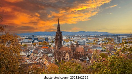 The landscape view of  autumn trees historic buildings at the famous old town of Freiburg im Breisgau ,Germany - Powered by Shutterstock