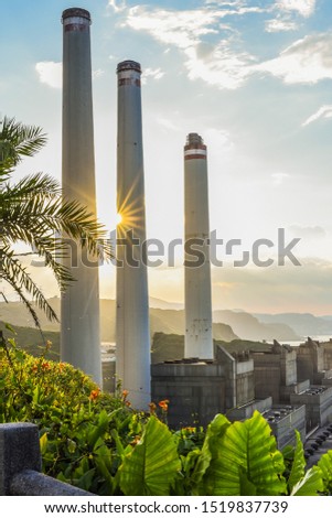 Landscape View Of The Beautiful Ocean Coast With Power Plant Chimneys On The Side At Sunset From The Historic Baimiweng Fort (Holland Castle) , Keelung, Taiwan