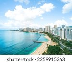 A landscape view of the beautiful Waikiki beach on a sunny day in Hawaii, US