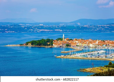 Landscape View Of Blue Adriatic Sea And Izola Town On Slovenia Coast On Bright Sunny Day