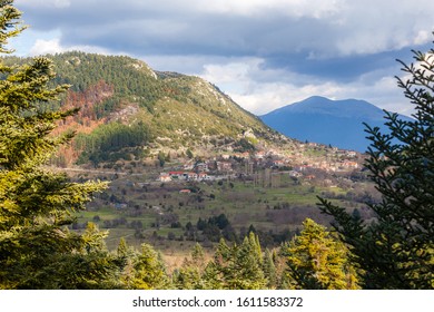 Landscape view of Chrisovitsi village in Arcadia, Greece, built at an altitude of 1,100 meters on a spruce slope of Mainalo, one of the most mountainous settlements in the Peloponnese