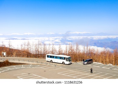 Landscape Of View Cloud Line With Japan Alps On 5th Station Mt Fuji Japan And Parking Bus