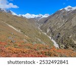 Landscape view of colourful valley towards Gokyo from Dole. Picture from October 2024. Khumbu Region in Sagarmatha National Park.