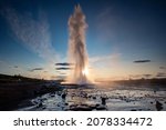 A landscape view of erupting of Strokkur Geysir geyser in southwestern Iceland, Europe 