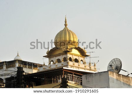 Landscape view of the golden dome of Gurudwara Sri Guru Singh Sabha temple  ( Sikh Temple) at Phahurat market (Indian Market ) in Bangkok Thailand