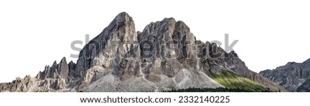 Landscape view of a gray rocky mountains isolated on white background.