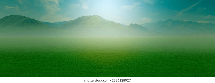 Landscape view of green grass on slope with blue sky and clouds background, cloud mountain tropic valley landscape, wide misty panorama - Powered by Shutterstock