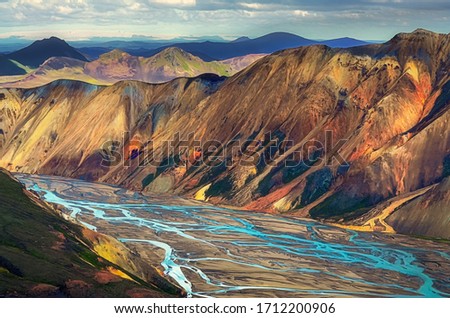Landscape view of Landmannalaugar colorful volcanic mountains and river, Iceland, Europe