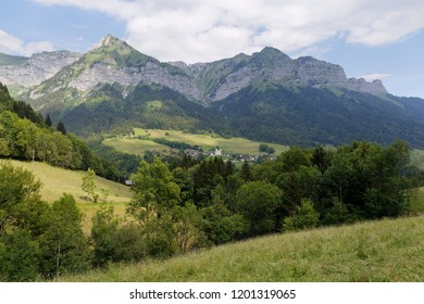 Landscape view of Montmin nestled in the valley below Col de la Forclaz France