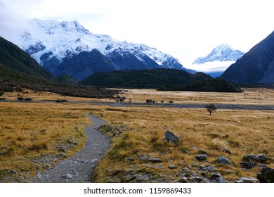 Landscape View Mountain And Road To The Mountain With Brown Filed In Autumn At Aroki Mt.cook