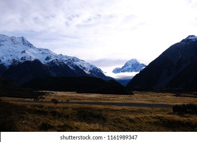 Landscape View Mountain And Wood Road To The Mountain With Brown Filed In Autumn At Aroki Mt.cook