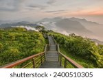 Landscape View Of Mountains And The Sea Of Clouds With Sunset At Eryanping Trail, Alishan National Scenic Area, Xiding, Chiayi,Taiwan