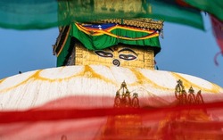 Landscape View Of Prayer Flag And Swayambhu Nath Stupa In Kathmandu, Nepal