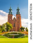 landscape view of Royal Gniezno Cathedral. Cathedral Basilica of the Assumption of Blessed Virgin Mary and St. Adalbert Poland